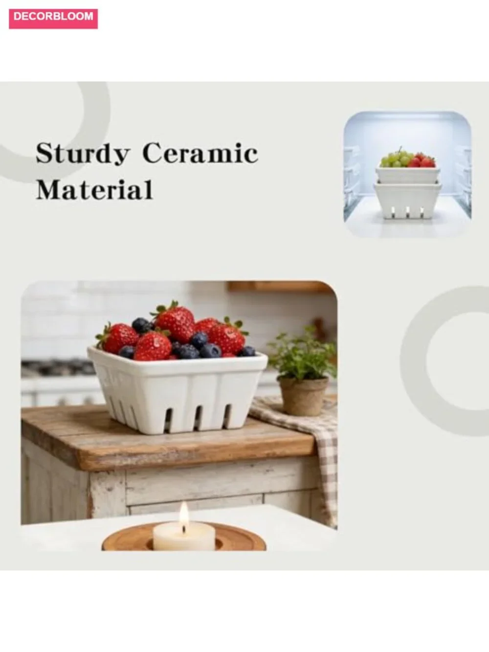 Set of 2 Ceramic Berry Baskets with Draining Holes - Fruit Bowl for Kitchen